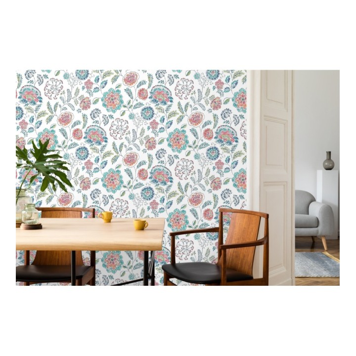 Papel pintado flores turquesas fondo blanco estilo inglés - Danish Garden 679723