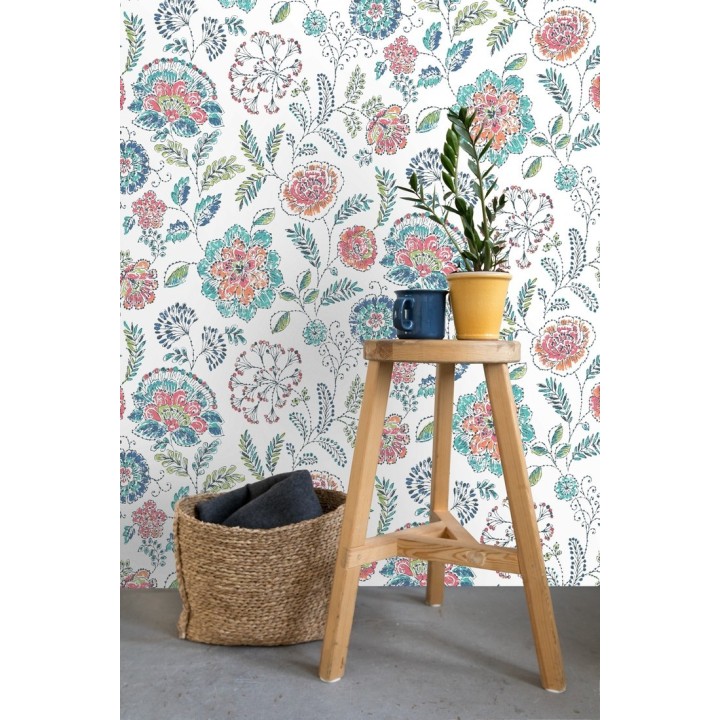 Papel pintado flores turquesas fondo blanco estilo inglés - Danish Garden 679723