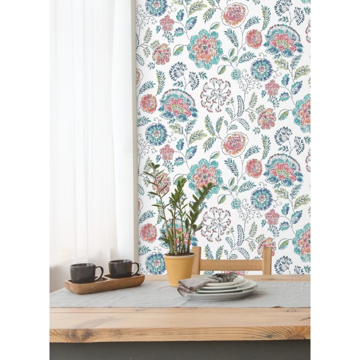 Papel pintado flores turquesas fondo blanco estilo inglés - Danish Garden 679723