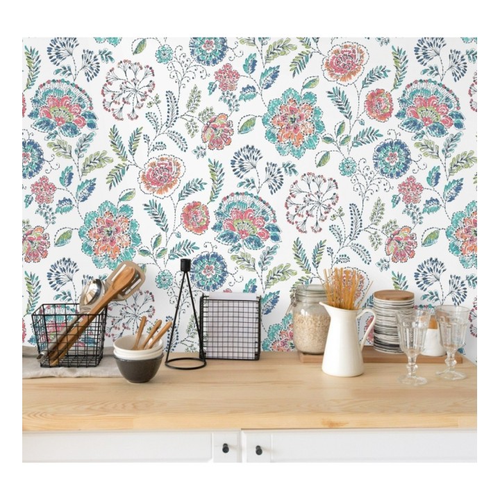 Papel pintado flores turquesas fondo blanco estilo inglés - Danish Garden 679723