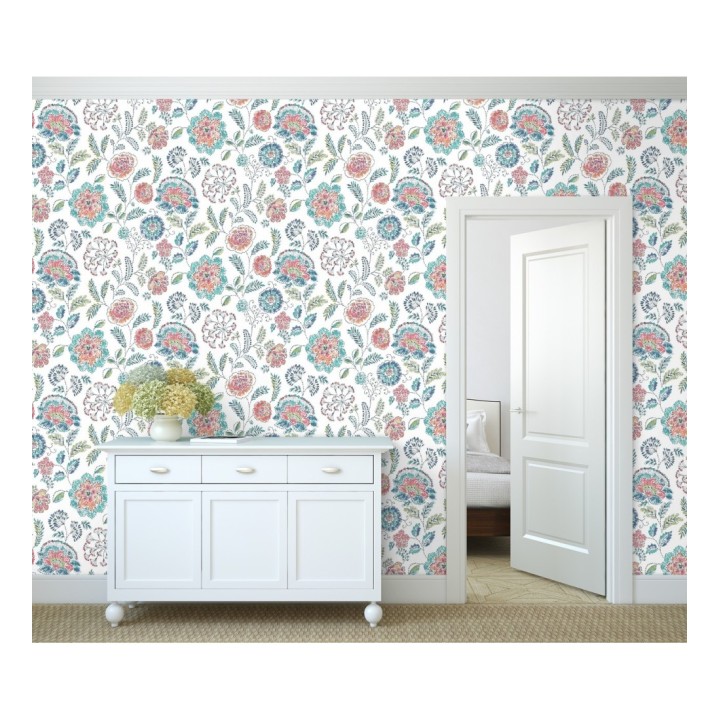 Papel pintado flores turquesas fondo blanco estilo inglés - Danish Garden 679723