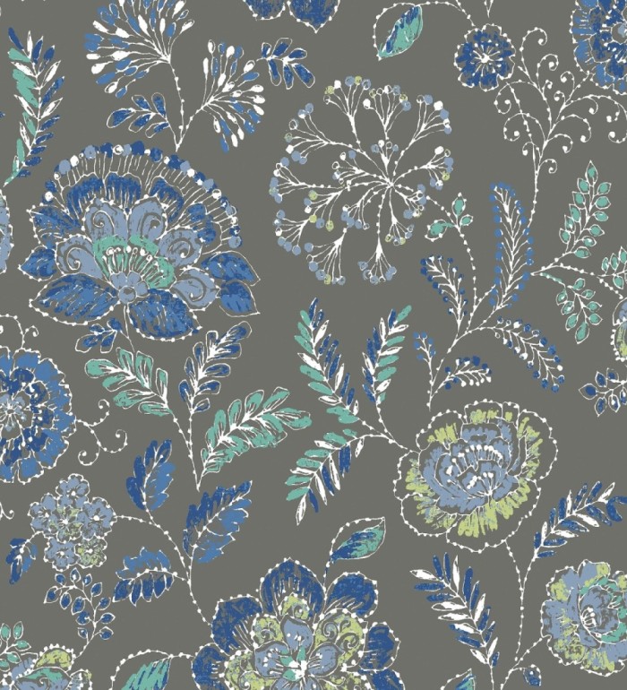 Papel pintado flores azules fondo gris oscuro estilo inglés - Danish Garden 679724