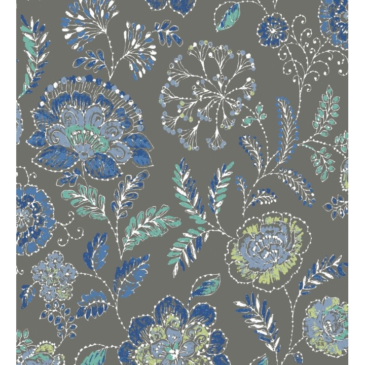 Papel pintado flores azules fondo gris oscuro estilo inglés - Danish Garden 679724