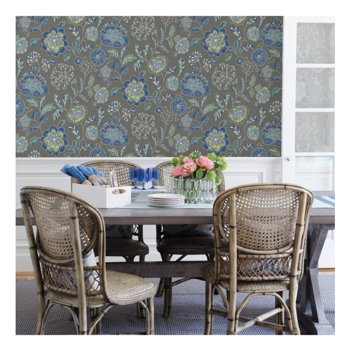 Papel pintado flores azules fondo gris oscuro estilo inglés - Danish Garden 679724