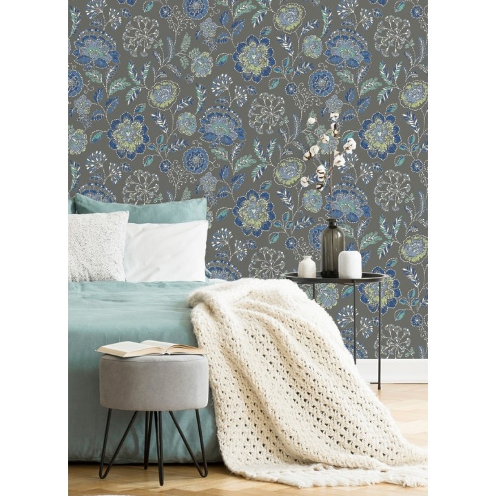 Papel pintado flores azules fondo gris oscuro estilo inglés - Danish Garden 679724