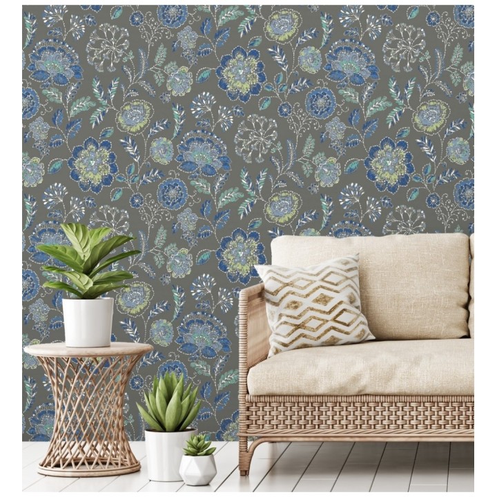 Papel pintado flores azules fondo gris oscuro estilo inglés - Danish Garden 679724