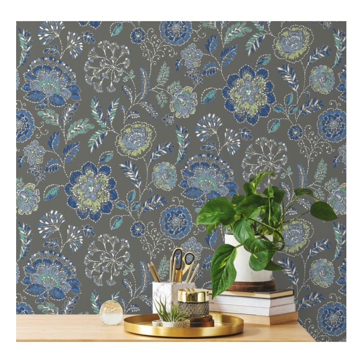 Papel pintado flores azules fondo gris oscuro estilo inglés - Danish Garden 679724