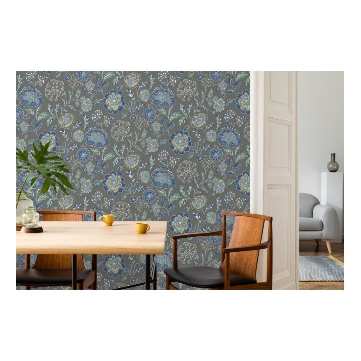 Papel pintado flores azules fondo gris oscuro estilo inglés - Danish Garden 679724