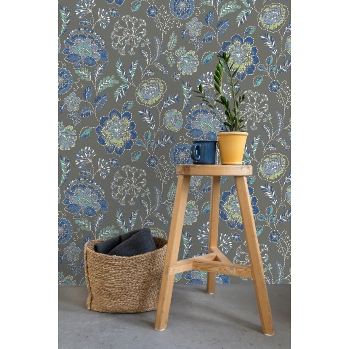 Papel pintado flores azules fondo gris oscuro estilo inglés - Danish Garden 679724