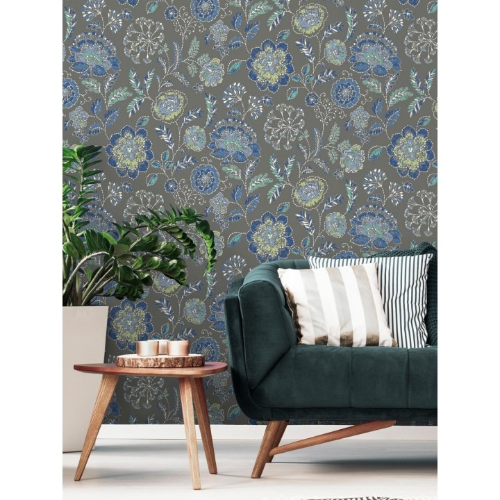 Papel pintado flores azules fondo gris oscuro estilo inglés - Danish Garden 679724
