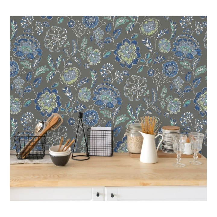 Papel pintado flores azules fondo gris oscuro estilo inglés - Danish Garden 679724