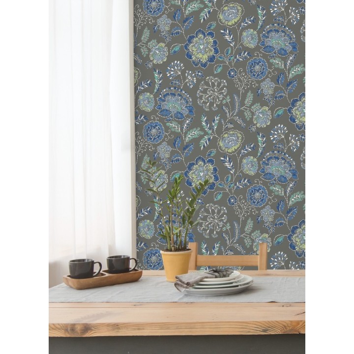 Papel pintado flores azules fondo gris oscuro estilo inglés - Danish Garden 679724