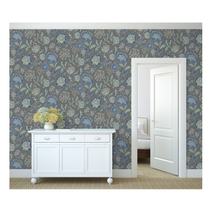 Papel pintado flores azules fondo gris oscuro estilo inglés - Danish Garden 679724