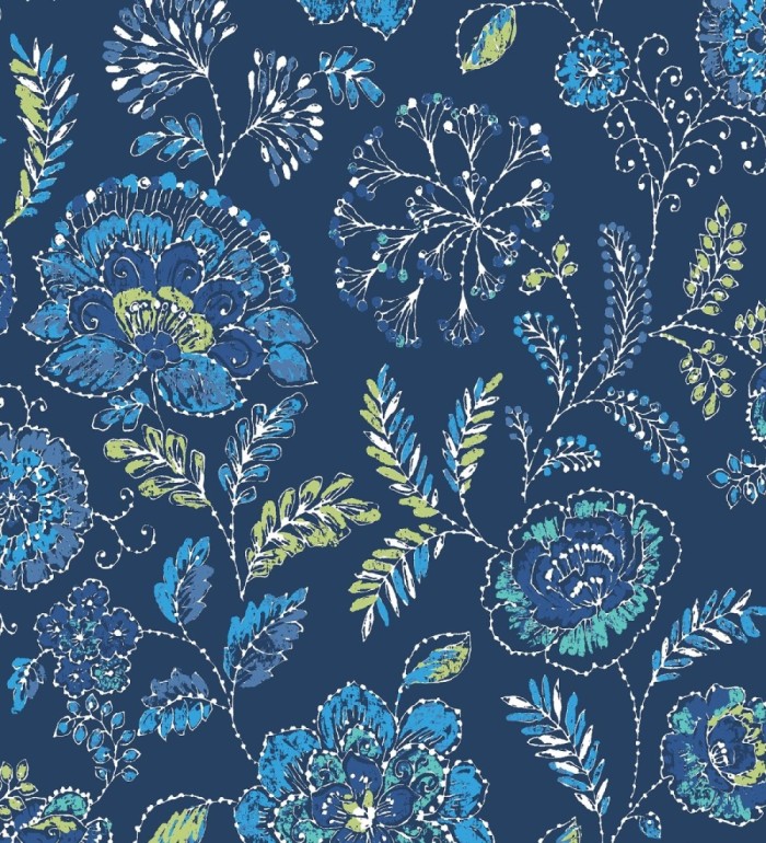 Papel pintado flores azules fondo azul intenso estilo inglés - Danish Garden 679725
