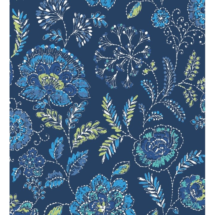 Papel pintado flores azules fondo azul intenso estilo inglés - Danish Garden 679725