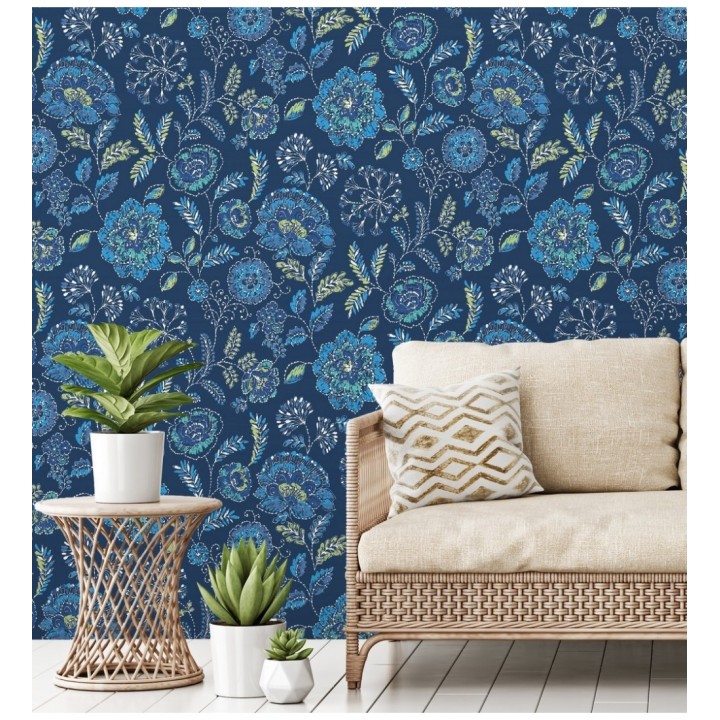 Papel pintado flores azules fondo azul intenso estilo inglés - Danish Garden 679725