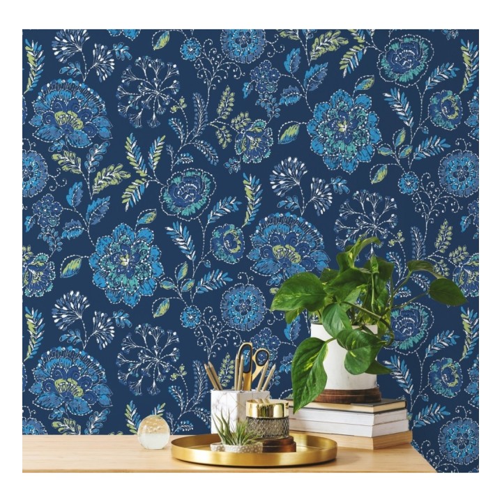 Papel pintado flores azules fondo azul intenso estilo inglés - Danish Garden 679725