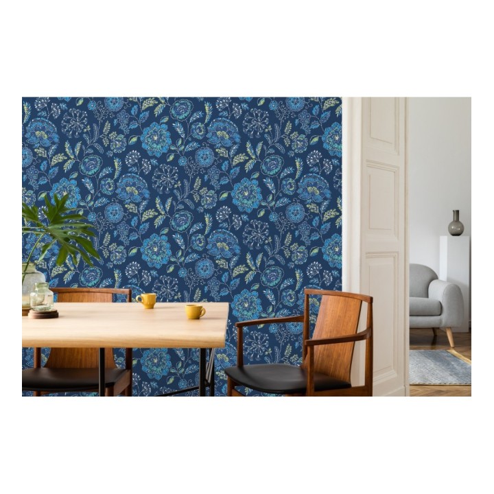 Papel pintado flores azules fondo azul intenso estilo inglés - Danish Garden 679725
