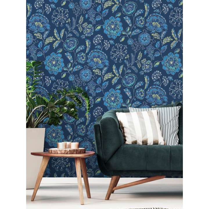 Papel pintado flores azules fondo azul intenso estilo inglés - Danish Garden 679725