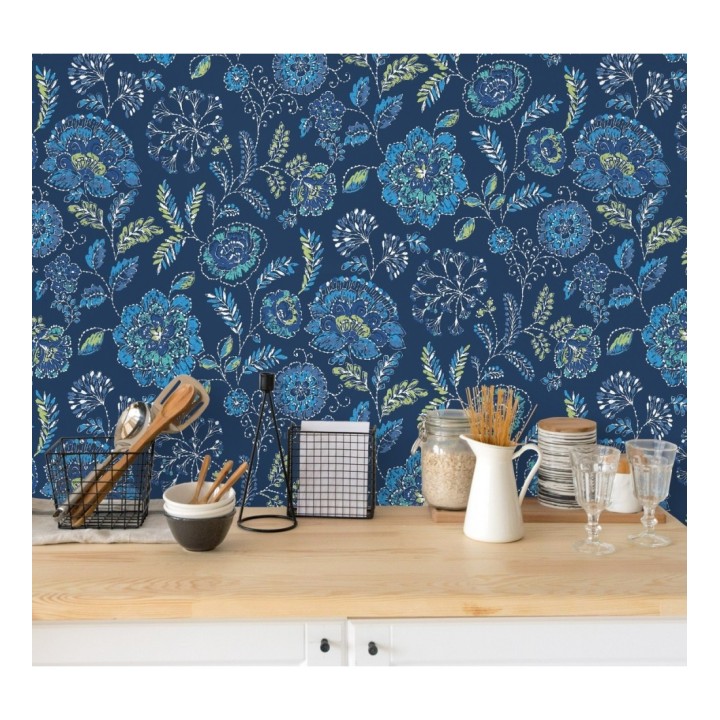 Papel pintado flores azules fondo azul intenso estilo inglés - Danish Garden 679725