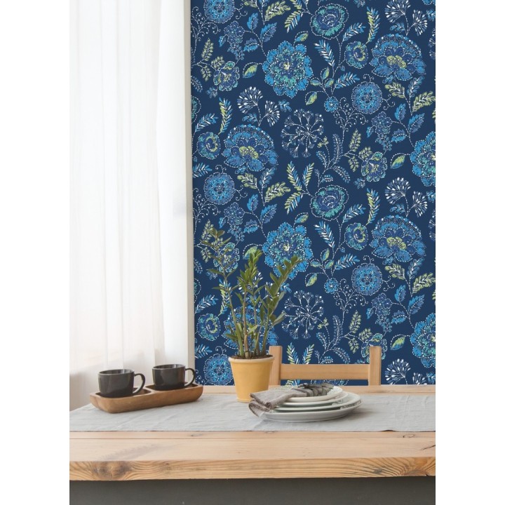 Papel pintado flores azules fondo azul intenso estilo inglés - Danish Garden 679725