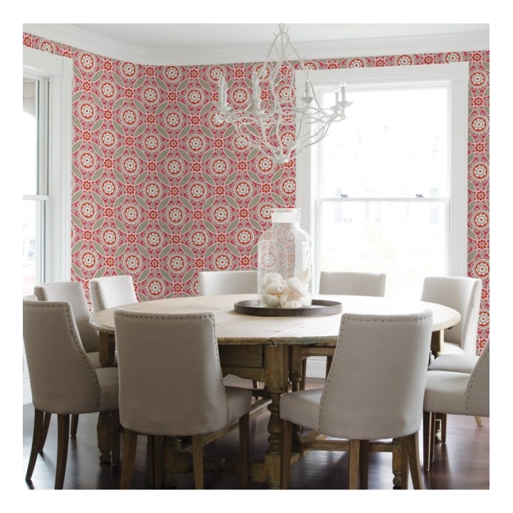 Papel pintado geométrico caleidoscopio rojo coral - Scarlet 679726