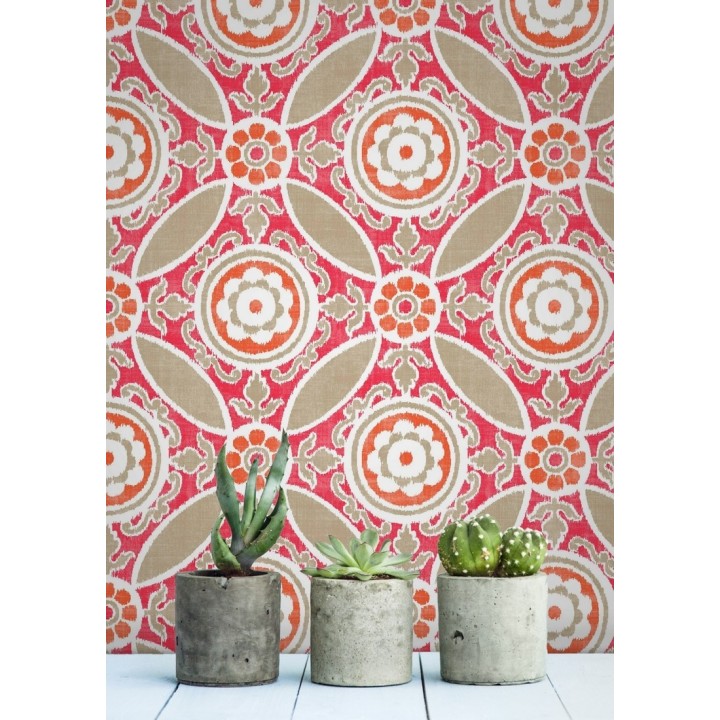 Papel pintado geométrico caleidoscopio rojo coral - Scarlet 679726