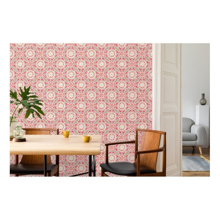 Papel pintado geométrico caleidoscopio rojo coral - Scarlet 679726