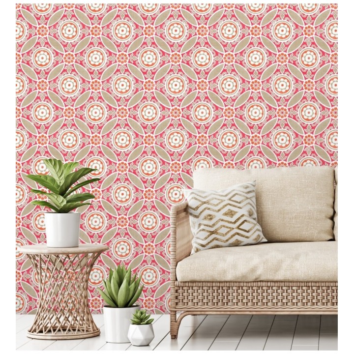 Papel pintado geométrico caleidoscopio rojo coral - Scarlet 679726