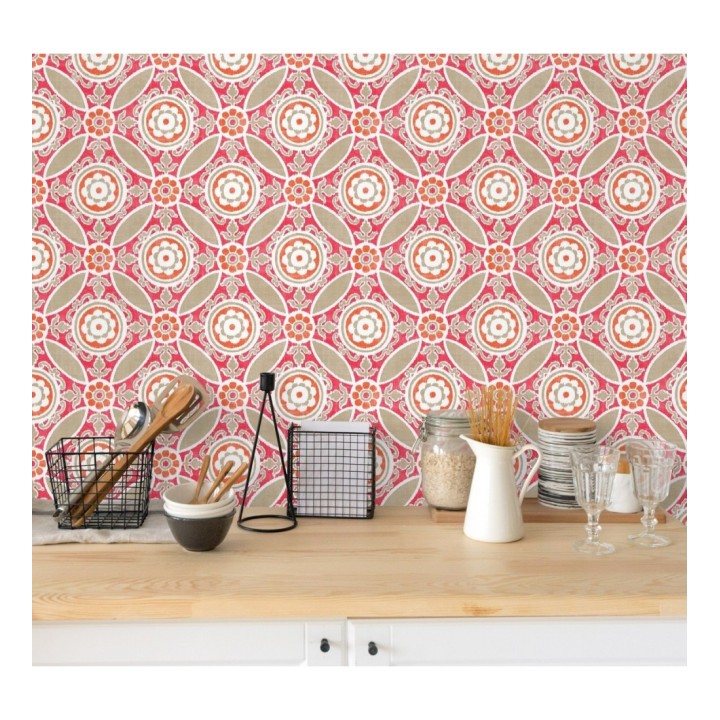 Papel pintado geométrico caleidoscopio rojo coral - Scarlet 679726