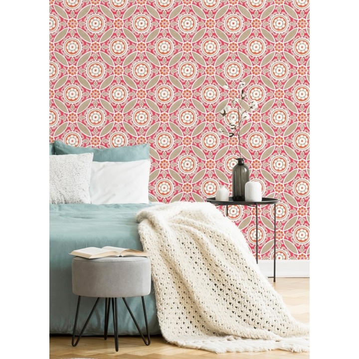 Papel pintado geométrico caleidoscopio rojo coral - Scarlet 679726
