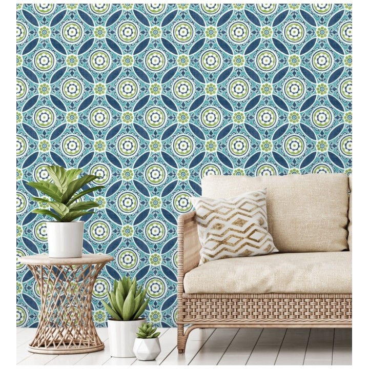 Papel pintado geométrico caleidoscopio azul y verde - Scarlet 679728