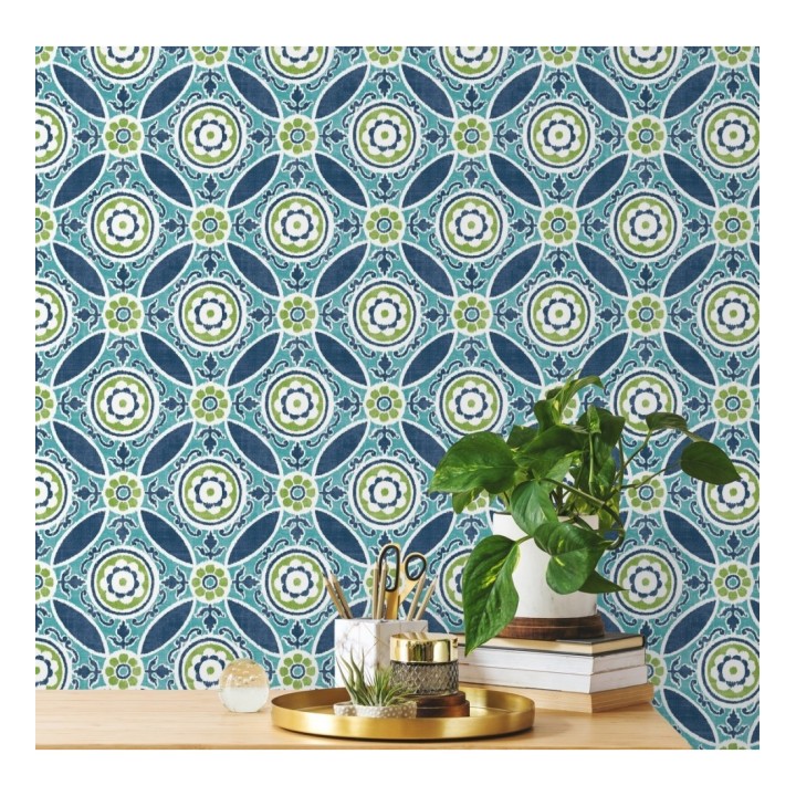 Papel pintado geométrico caleidoscopio azul y verde - Scarlet 679728
