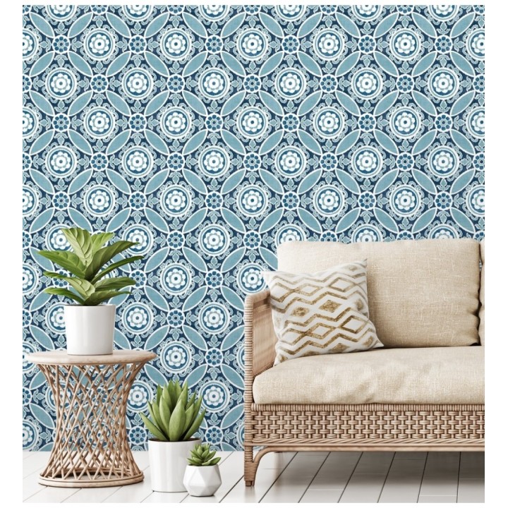 Papel pintado geométrico caleidoscopio azul - Scarlet 679729