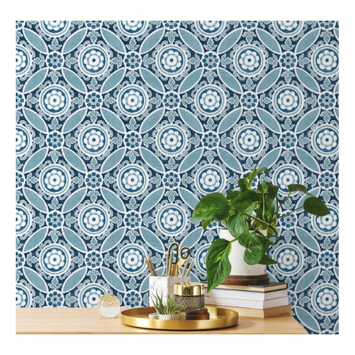 Papel pintado geométrico caleidoscopio azul - Scarlet 679729