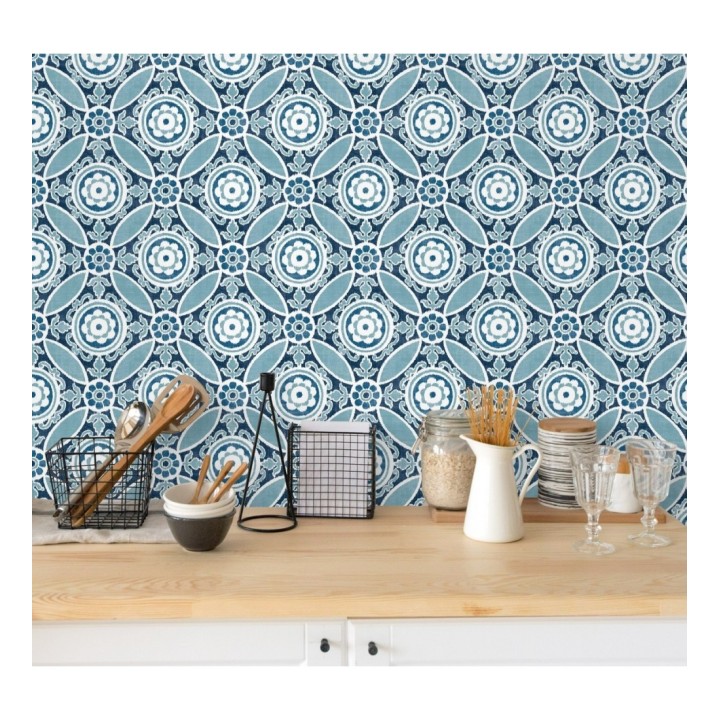 Papel pintado geométrico caleidoscopio azul - Scarlet 679729