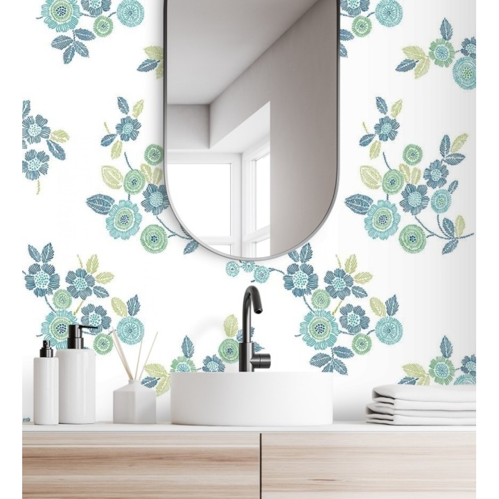 Papel pintado flores turquesa de estilo puntillista - Richmond Park 679740