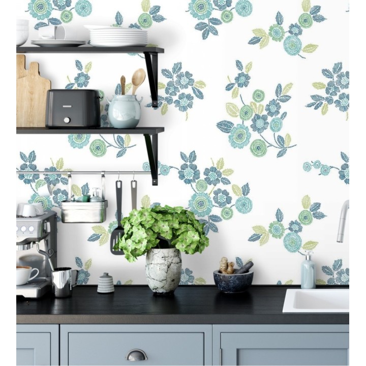 Papel pintado flores turquesa de estilo puntillista - Richmond Park 679740