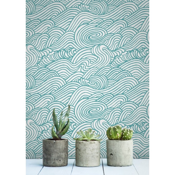 Papel pintado inspirado en las olas del mar en tonos celeste turquesa - Rolling Waves 679742