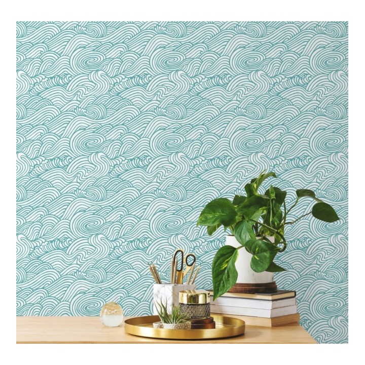 Papel pintado inspirado en las olas del mar en tonos celeste turquesa - Rolling Waves 679742