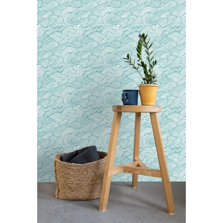 Papel pintado inspirado en las olas del mar en tonos celeste turquesa - Rolling Waves 679742