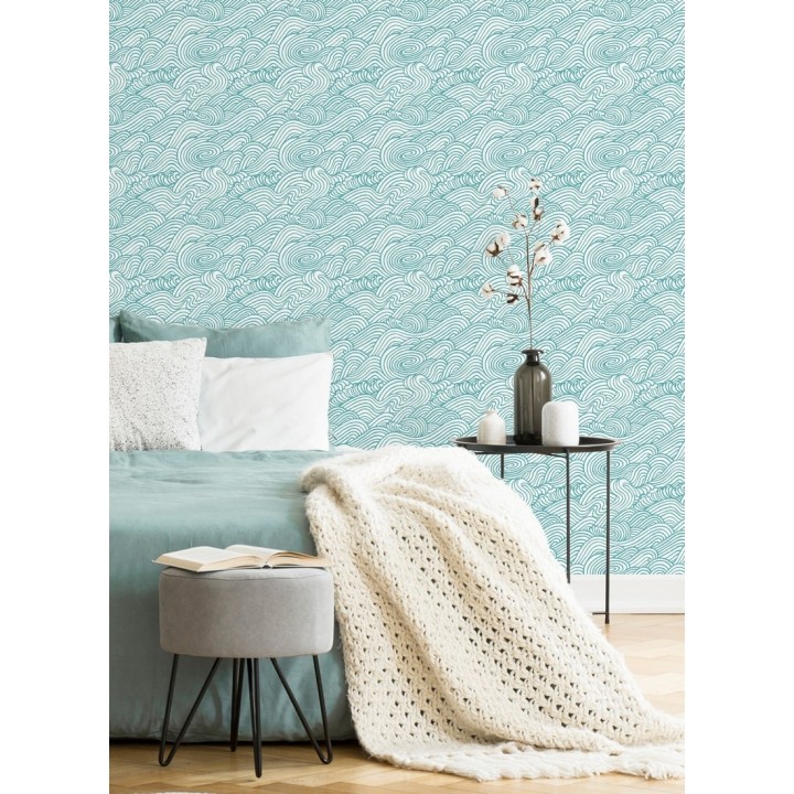 Papel pintado inspirado en las olas del mar en tonos celeste turquesa - Rolling Waves 679742