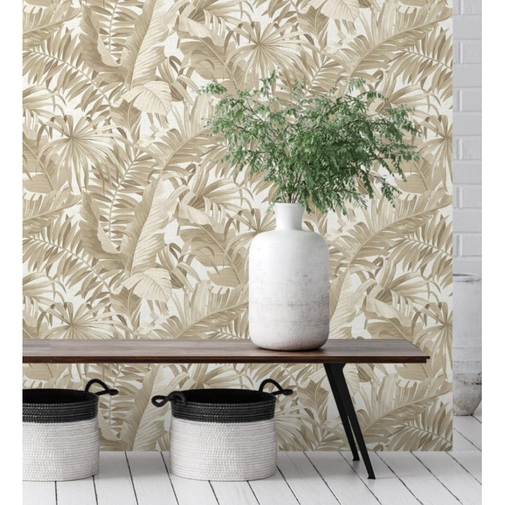 Papel pintado de hojas tropicales beige - Palm Beach 679748