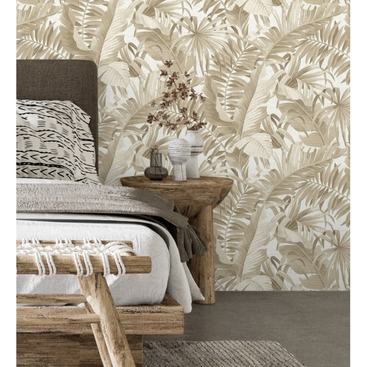 Papel pintado de hojas tropicales beige - Palm Beach 679748