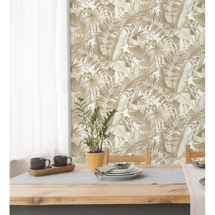 Papel pintado de hojas tropicales beige - Palm Beach 679748