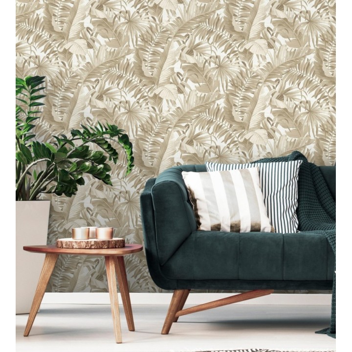 Papel pintado de hojas tropicales beige - Palm Beach 679748