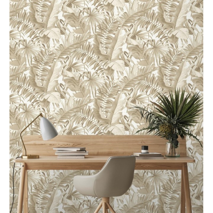 Papel pintado de hojas tropicales beige - Palm Beach 679748