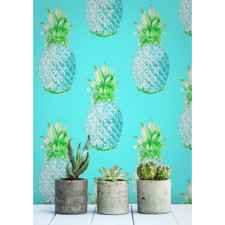 Papel pintado de piñas celeste turquesa estilo tropical - Tropical Fruit 679750