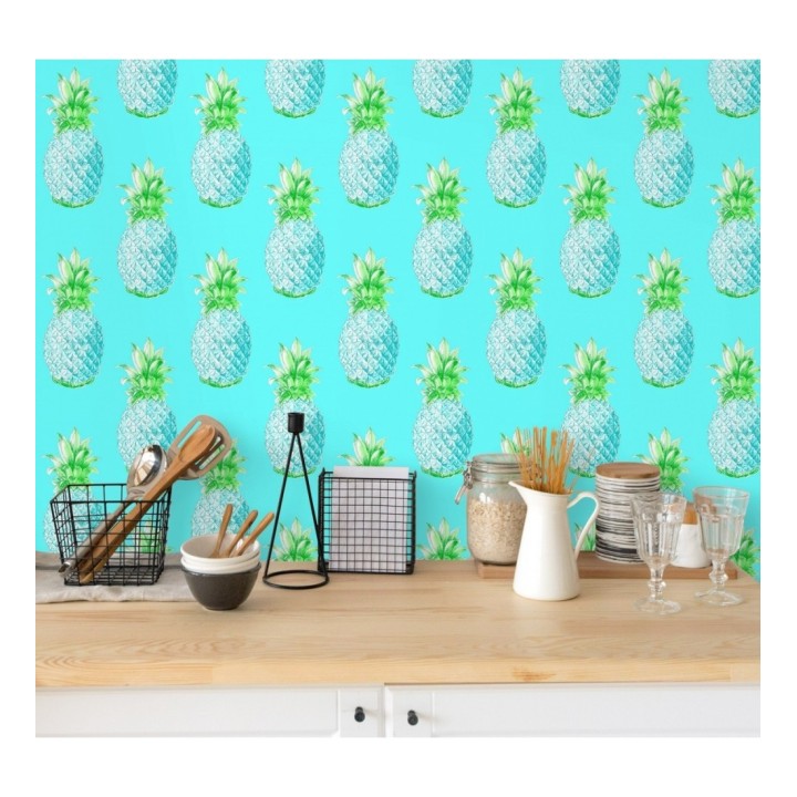 Papel pintado de piñas celeste turquesa estilo tropical - Tropical Fruit 679750