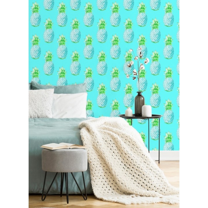 Papel pintado de piñas celeste turquesa estilo tropical - Tropical Fruit 679750
